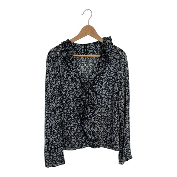 Mango Floral Ruffle collard Blouse Blue and White size 8 - Picture 1 of 5